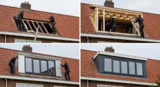 Bouwvakkers monteren stap voor stap een dakkapel op een rood pannendak, van houten frame tot afgewerkte witte en grijze