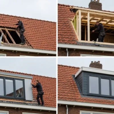 Bouwvakkers monteren stap voor stap een dakkapel op een rood pannendak, van houten frame tot afgewerkte witte en grijze