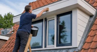Huiseigenaar reinigt dakkapel met zachte borstel en zeepwater vanaf ladder.