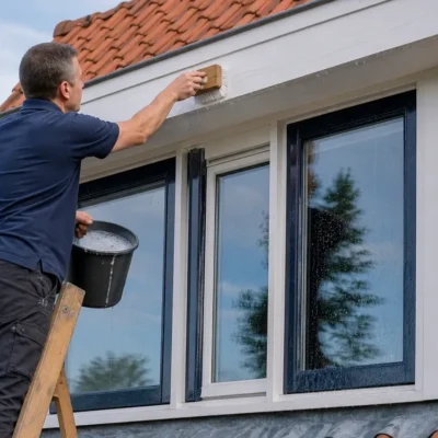 Huiseigenaar reinigt dakkapel met zachte borstel en zeepwater vanaf ladder.