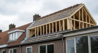 Nederlandse bakstenen rijtjeshuis in aanbouw met verhoogde daknoklijn, blootgestelde houten spanten en gedeeltelijk