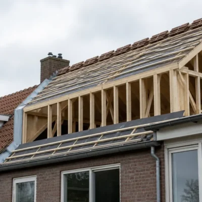 Nederlandse bakstenen rijtjeshuis in aanbouw met verhoogde daknoklijn, blootgestelde houten spanten en gedeeltelijk