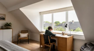 Kind zit aan bureau in zolderkamer met groot dakraam, natuurlijk licht en uitzicht op daken.