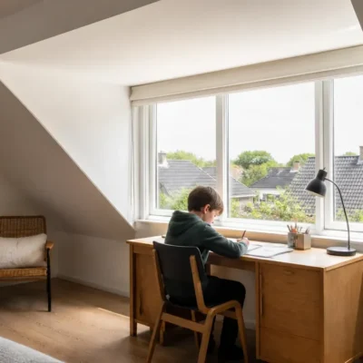 Kind zit aan bureau in zolderkamer met groot dakraam, natuurlijk licht en uitzicht op daken.