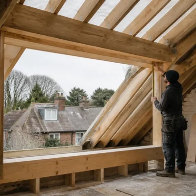 Houten dakkapelconstructie in aanbouw met zichtbare balken, ramen en uitzicht op naburige huizen met rode dakpannen.