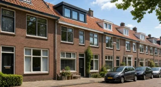 Rij van bakstenen rijtjeshuizen in Den Bosch met dakkapellen op het pannendak, moderne ramen en geparkeerde auto's ervoor.