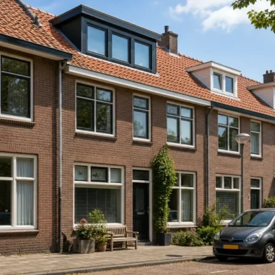 Rij van bakstenen rijtjeshuizen in Den Bosch met dakkapellen op het pannendak, moderne ramen en geparkeerde auto's ervoor.