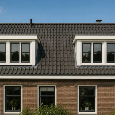 Bakstenen woning met twee witte dakkapellen met ramen op het pannendak, onderaan grote ramen in de gevel.