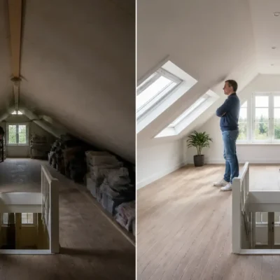 Voor en na nokverhoging: links een donkere zolder met lage nok, rechts dezelfde ruimte met verhoogde nok, meer licht en
