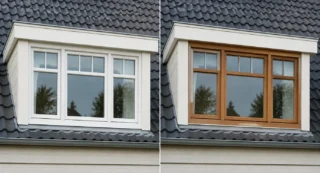 Dakkapel met witte en houten kozijnen naast elkaar getoond.